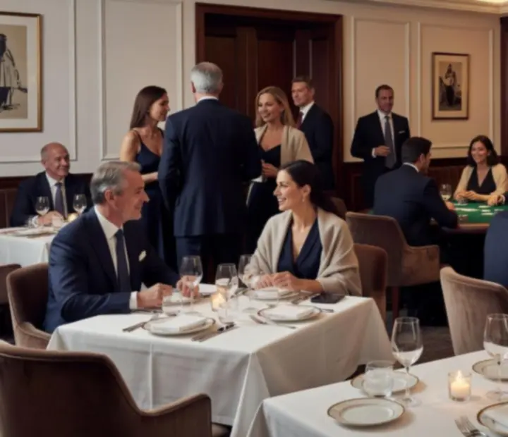 Goście przy eleganckich stołach w restauracji podczas wieczoru z kartami offline