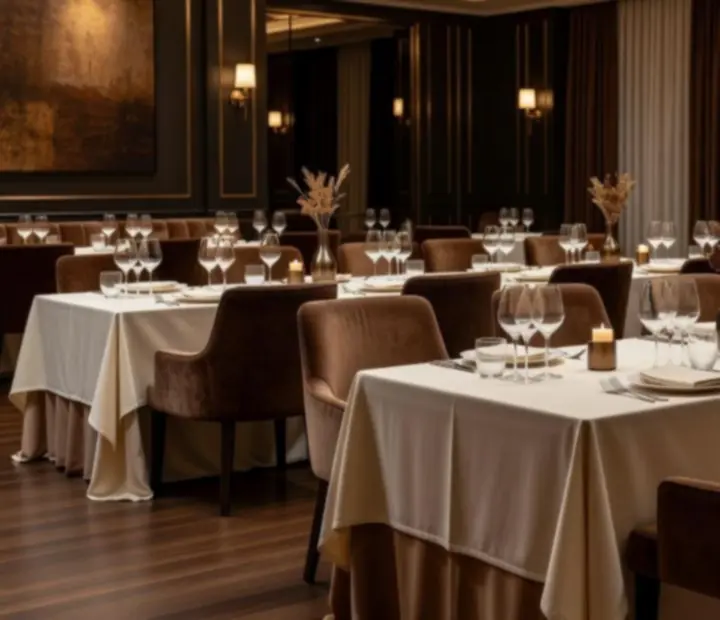 Widok przestronnej sali restauracyjnej De Hop B.V. z elegancko nakrytymi stołami