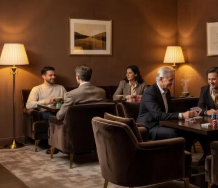 Przytulna strefa lounge w restauracji De Hop B.V. z wygodnymi fotelami i nastrojowym światłem