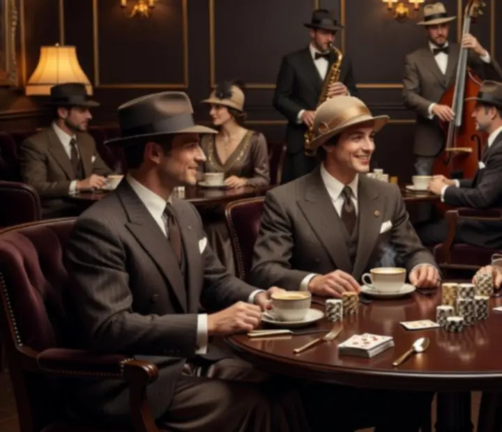 Retro wieczór w restauracji z eleganckimi strojami, jazzową muzyką i subtelnymi akcentami pokerowymi offline