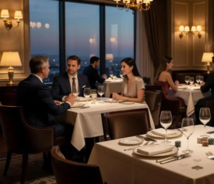 Elegancka sala restauracyjna przygotowana na wieczór tematyczny z subtelnymi akcentami pokerowymi offline