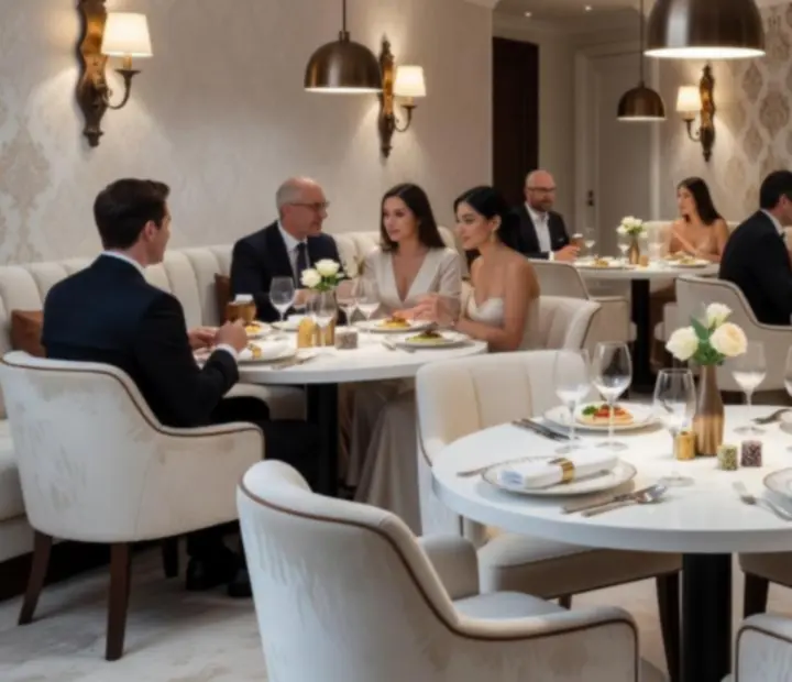 Eleganckie wnętrze restauracji De Hop B.V. z nastrojowo nakrytymi stołami