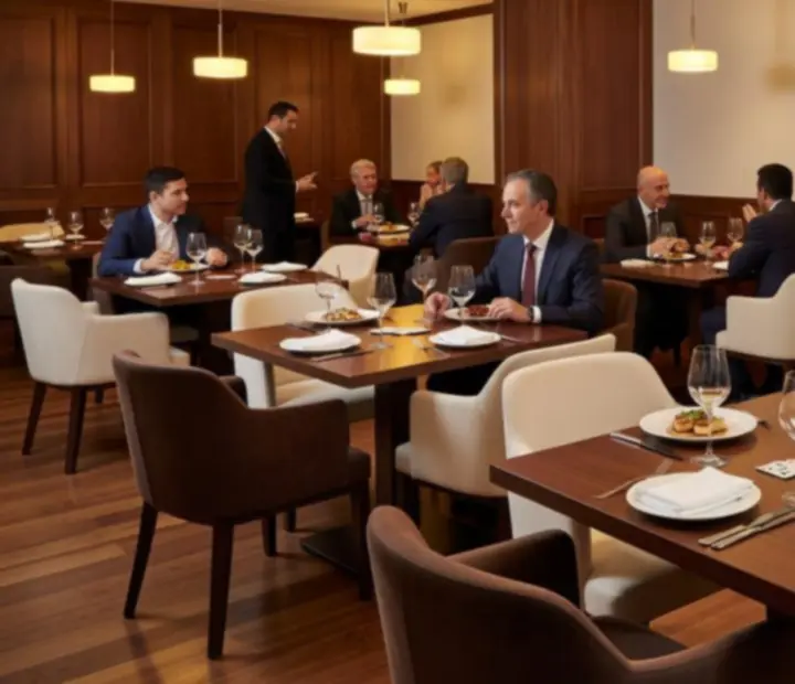 Ciepłe, wieczorne wnętrze restauracji De Hop B.V. z elegancko nakrytymi stołami