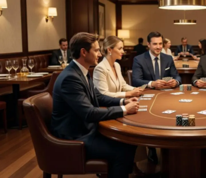 Nastrojowy stół pokerowy w restauracji De Hop B.V. z eleganckimi żetonami i kartami