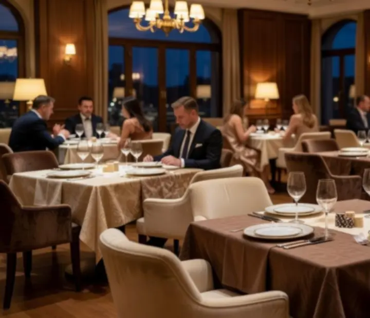 Eleganckie wnętrze restauracji De Hop B.V. z nakrytymi stołami i kameralnym oświetleniem